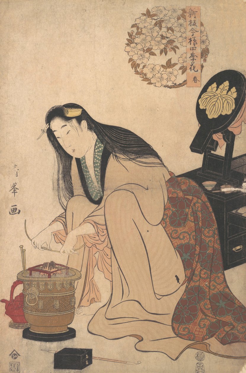 Lady Uspořádání Binsashi Podpora pro vlasy nad chrámy, aby vložil její vlasy, ca..., ca. 1808. od Torii Kiyomine
