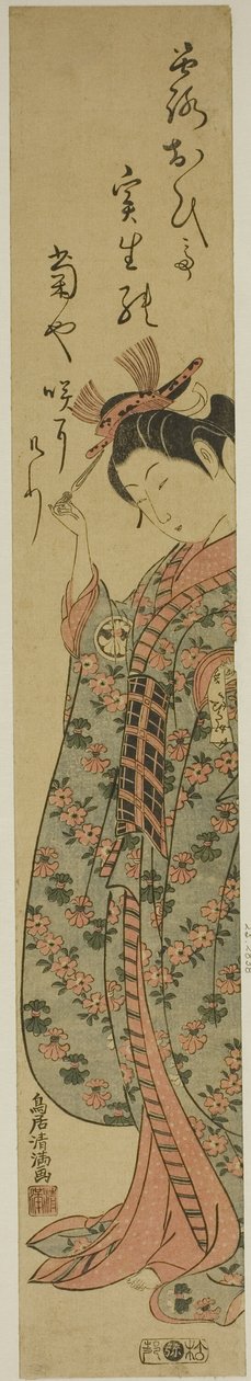 Herec Segawa Kikunojo II jako žena držící sponku do vlasů od Torii Kiyomitsu I