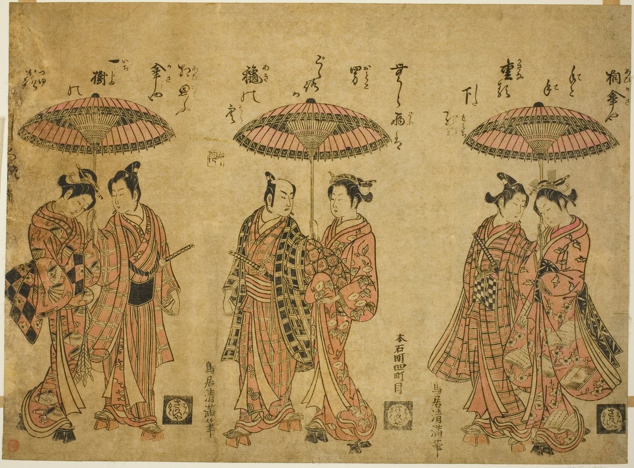 Tři páry sdílející deštníky od Torii Kiyomitsu I