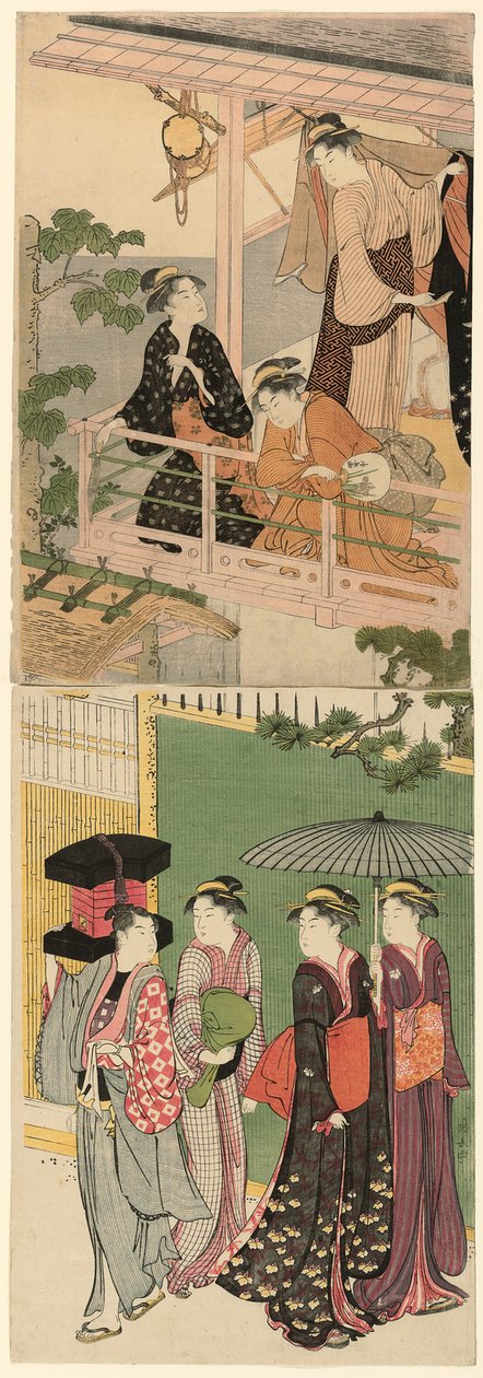 Prodavač fanouška procházející pod balkónem od Torii Kiyonaga