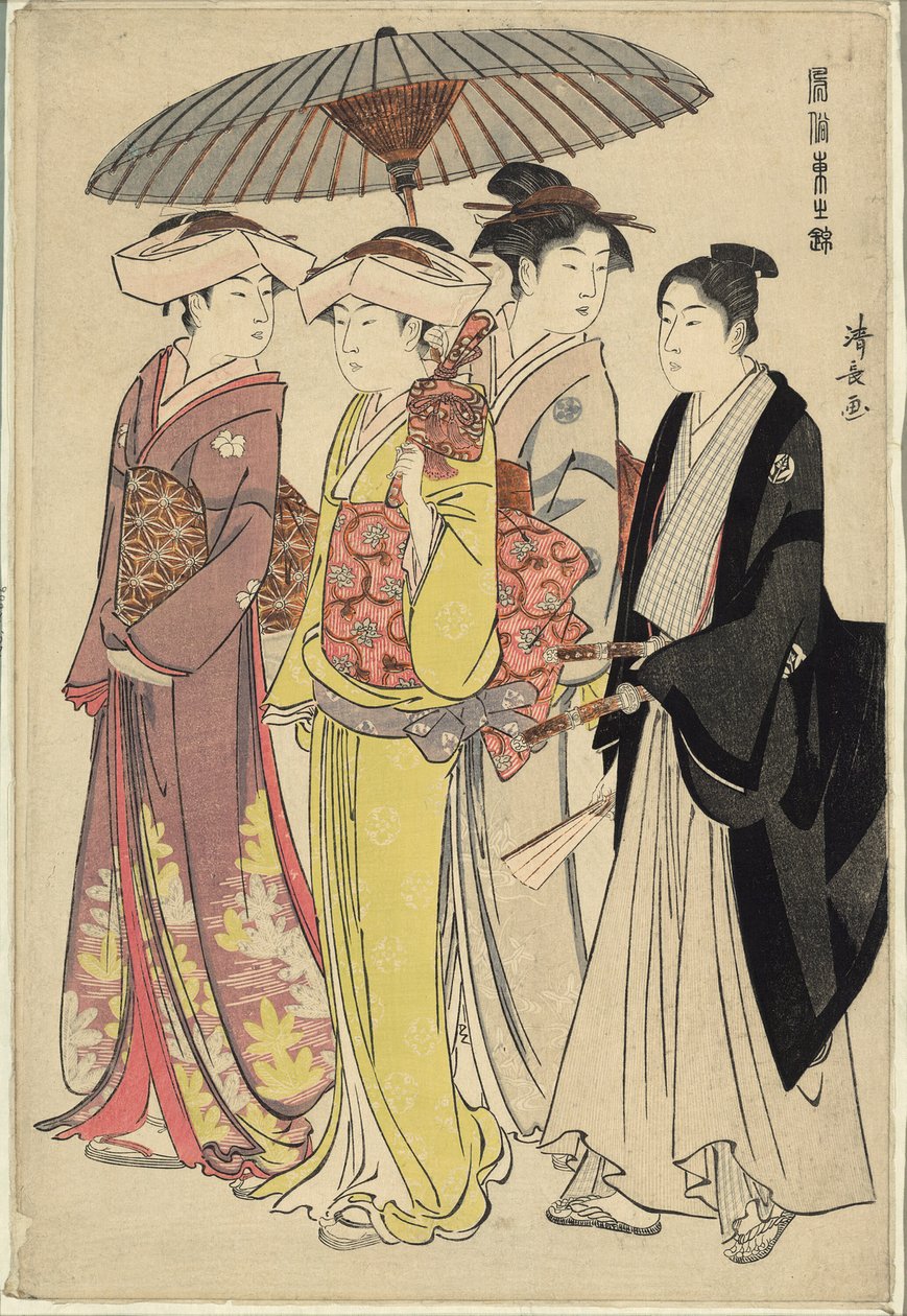 Dáma se třemi sluhami, ze série "Brokád východních mravů (Fuzoku Azuma no nishiki)" od Torii Kiyonaga