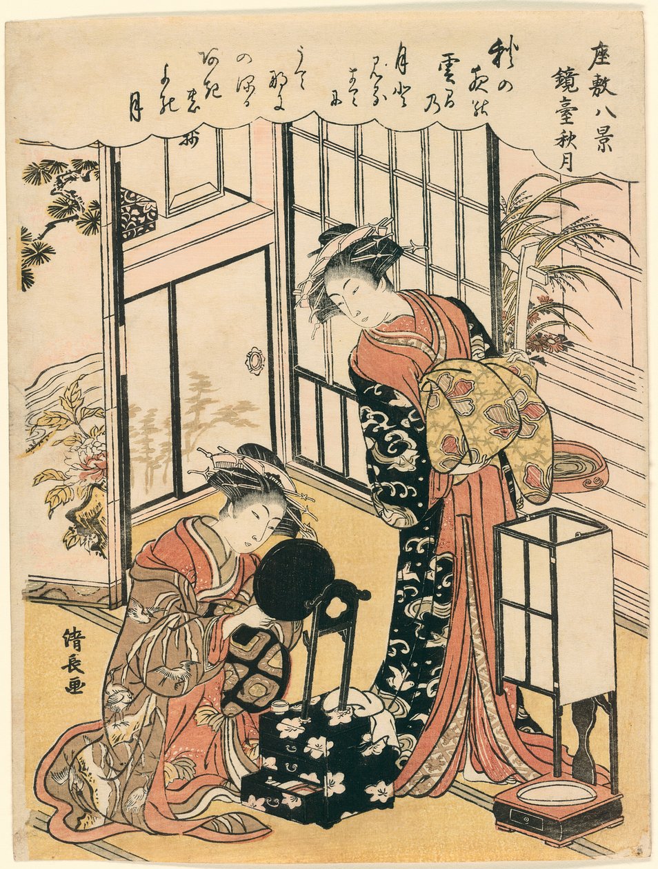 Zrcadlo na stojanu připomínající podzimní měsíc (Kyodai no shugetsu), ze série „Osm scén salonu (Zashiki hakkei)“ od Torii Kiyonaga