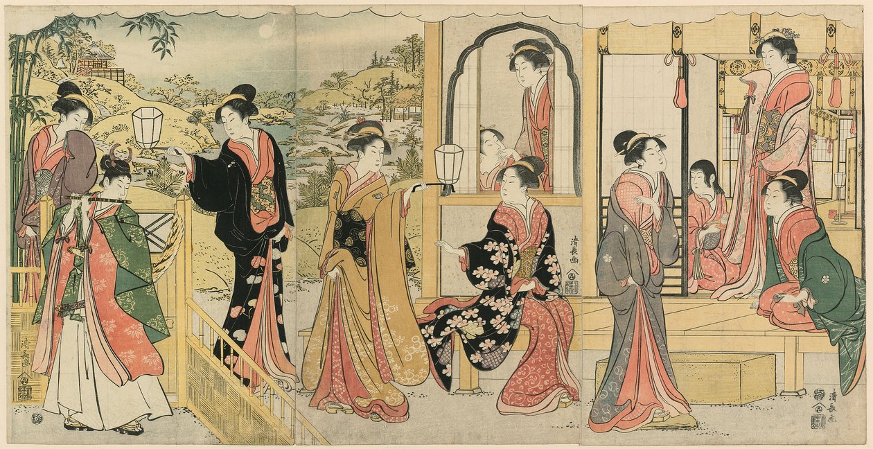Moderní verze Ushiwakamaru Serenading princezny Joruri od Torii Kiyonaga