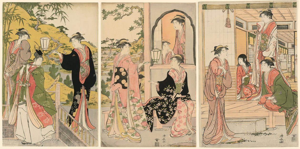 Moderní verze Ushiwakamaru Serenading princezny Joruri od Torii Kiyonaga