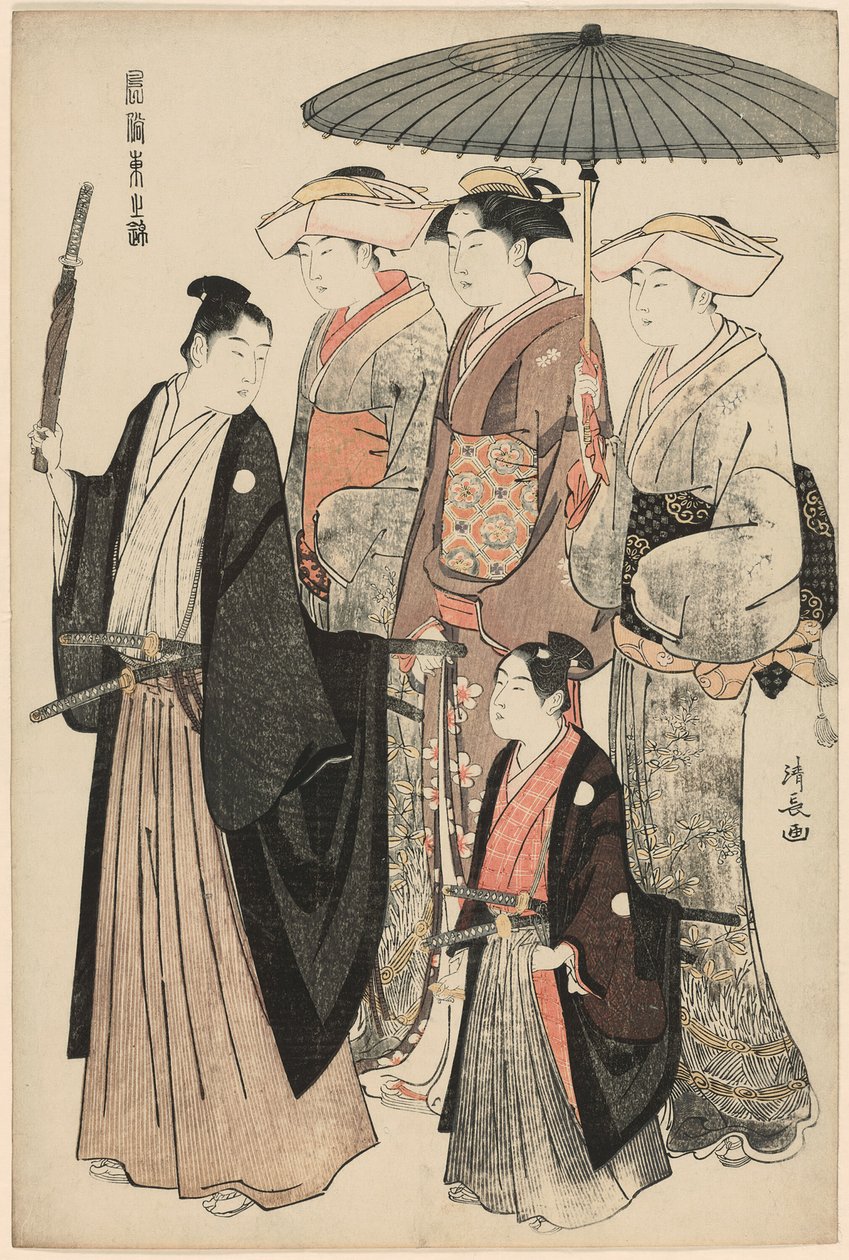 Mladý šlechtic, jeho matka a tři sluhové, ze série „Brokád východních mravů (Fuzoku Azuma no nishiki)“ od Torii Kiyonaga