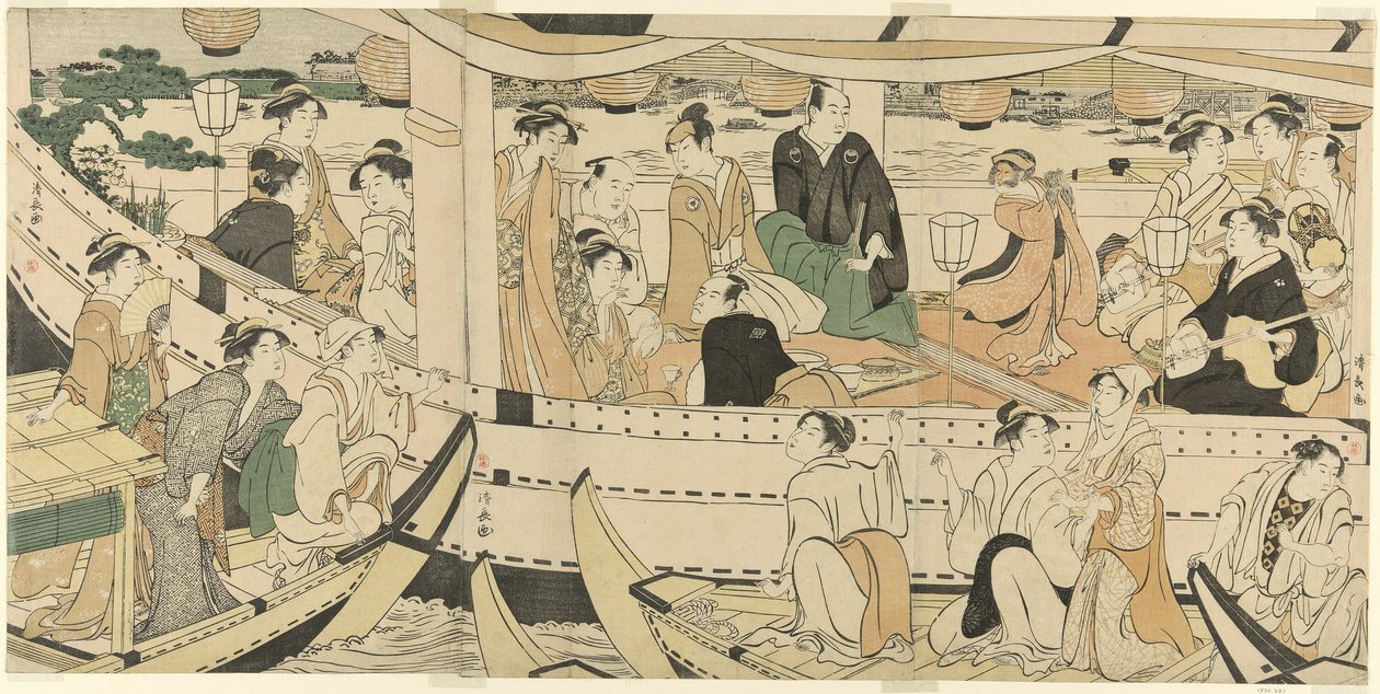 Herecký večírek na lodi na řece Sumida od Torii Kiyonaga