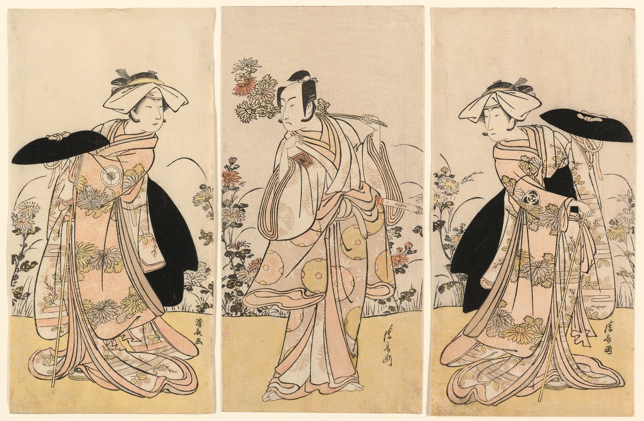 Bando Mitsugoro II jako Tennen no Mansaku-kitsune a Ichikawa Monnosuke III jako Nikaido Shinanonosuke a Iwai Hanshiro IV jako Okura no Kojoro-kitsune ve scéně z dramatu Moto Mishi Yuki Sakae Hachi-no-ki (Nidaime Bando Mitsugoro no Tennen od Torii Kiyonaga