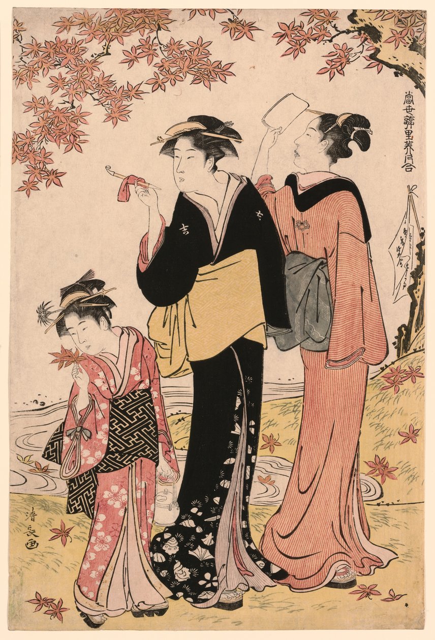 Krásky pod javorem, ze série „Sbírka současných krásek z požitkářských čtvrtí (Tosei yuri bijin awase)“ od Torii Kiyonaga