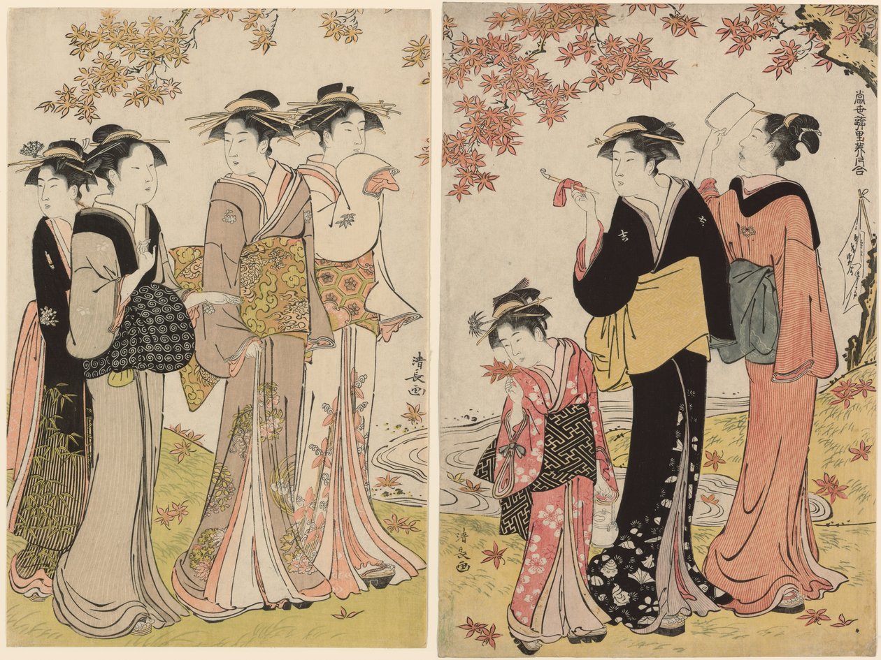 Krásky pod javorem, ze série „Sbírka současných krásek z požitkářských čtvrtí (Tosei yuri bijin awase)“ od Torii Kiyonaga
