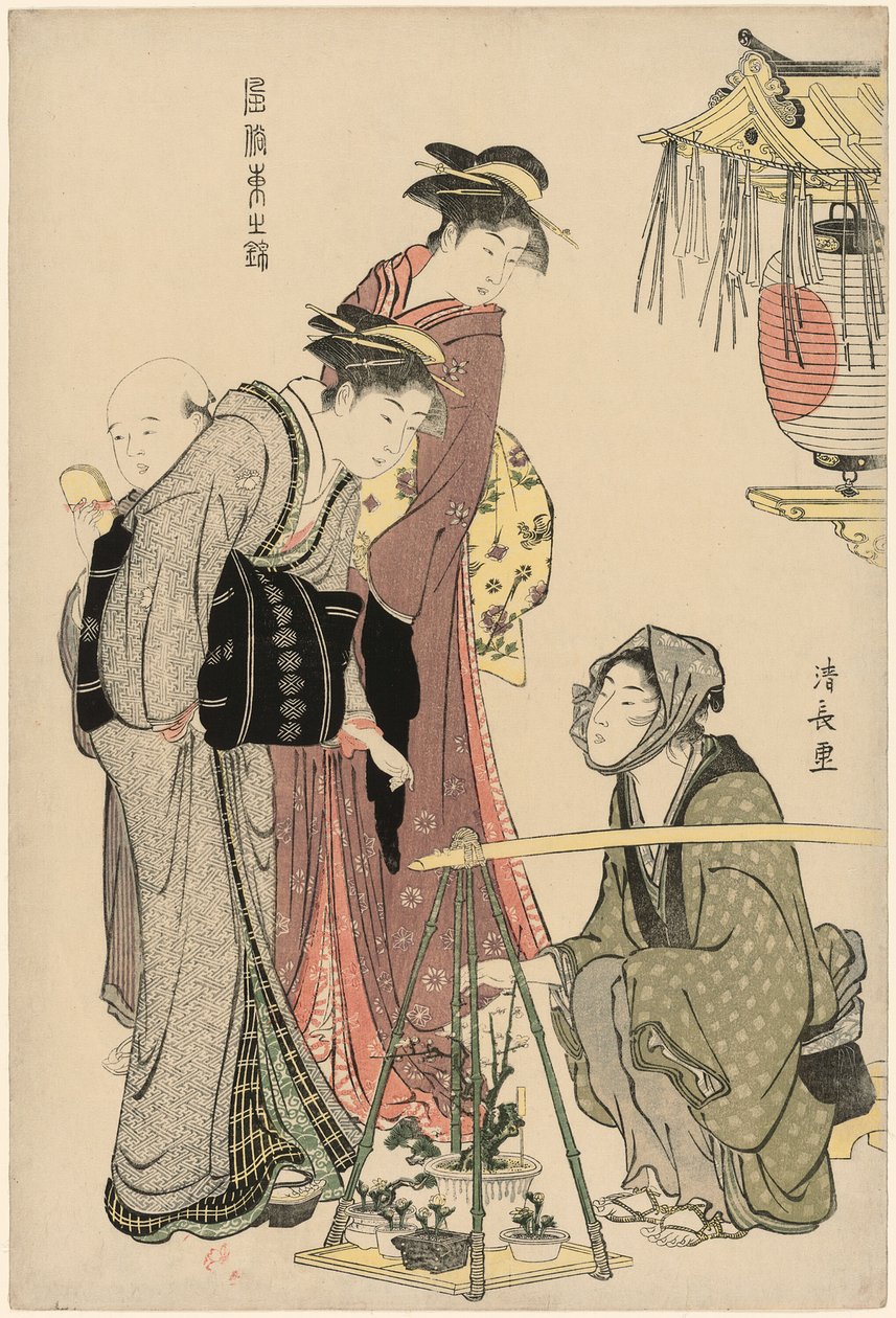 Nákup hrnkových rostlin ze série "Brokád východních způsobů (Fuzoku Azuma no nishiki)" od Torii Kiyonaga