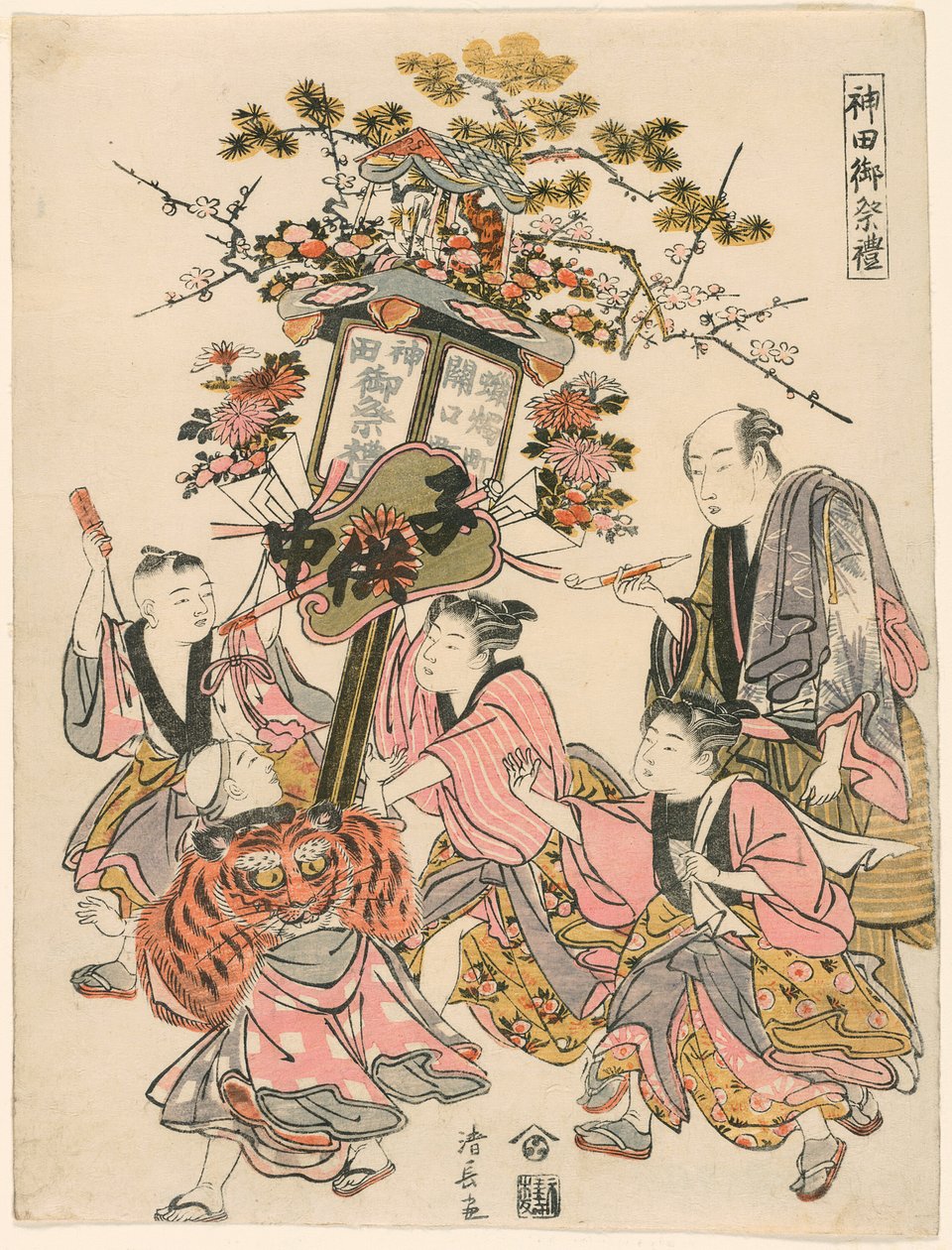Nesení lucernu vyzdobenou pavilonem, Gohei, květinami a vějířem (Sekiguchi-cho Rosoku-cho no banto), ze série "Festival svatyně Kanda (Kanda go-sairei)" od Torii Kiyonaga