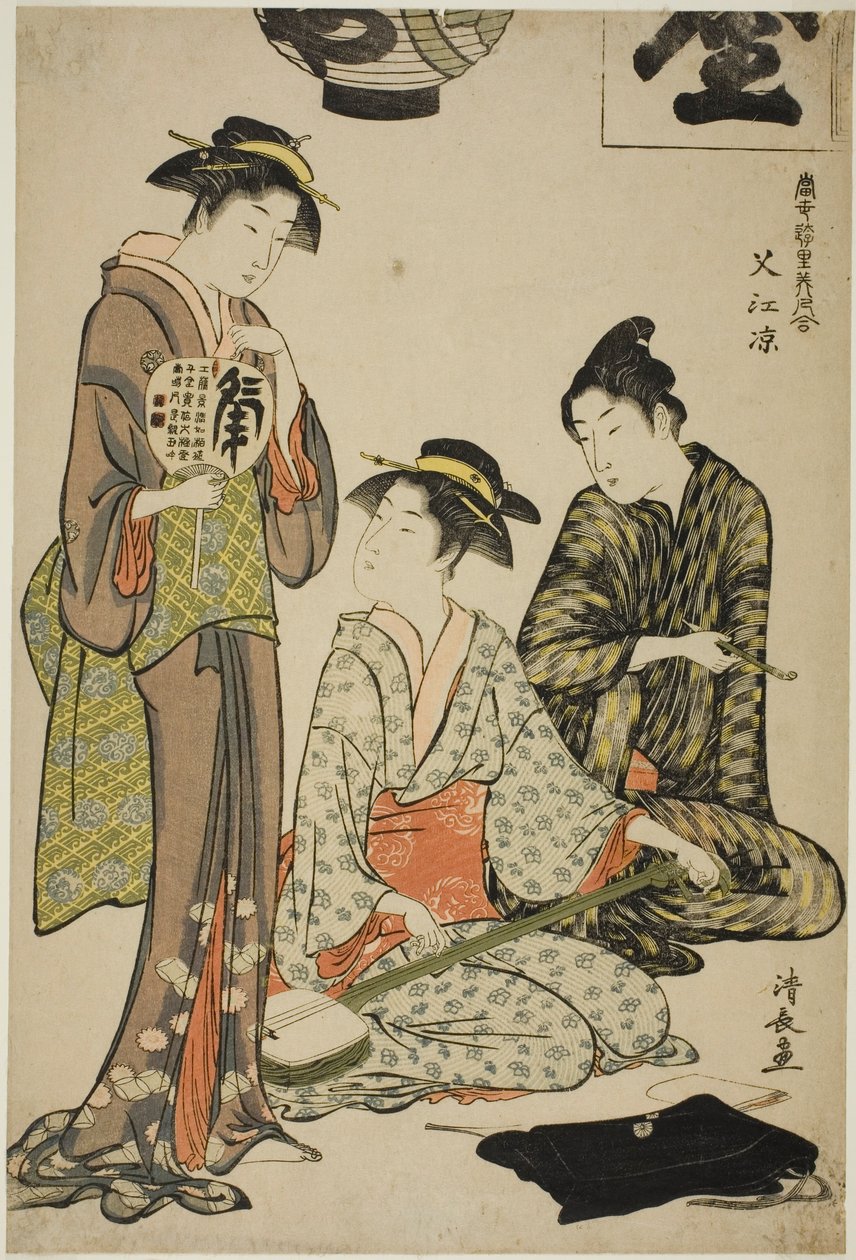 Ochlazování v Nakasu (Nakasu no suzumi), ze série "Sbírka současných krás požitkářských čtvrtí (Tosei yuri bijin awase)" od Torii Kiyonaga