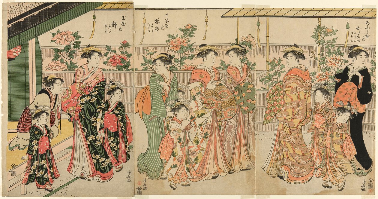 Kurtizány z Yoshiwara a jejich průvodci si prohlížejí pivoňky na Nakanocho od Torii Kiyonaga