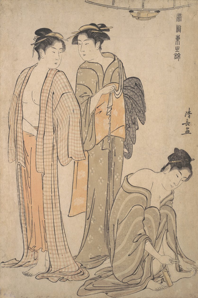 Stříhání nehtů na nohou, záchod po koupeli. od Torii Kiyonaga