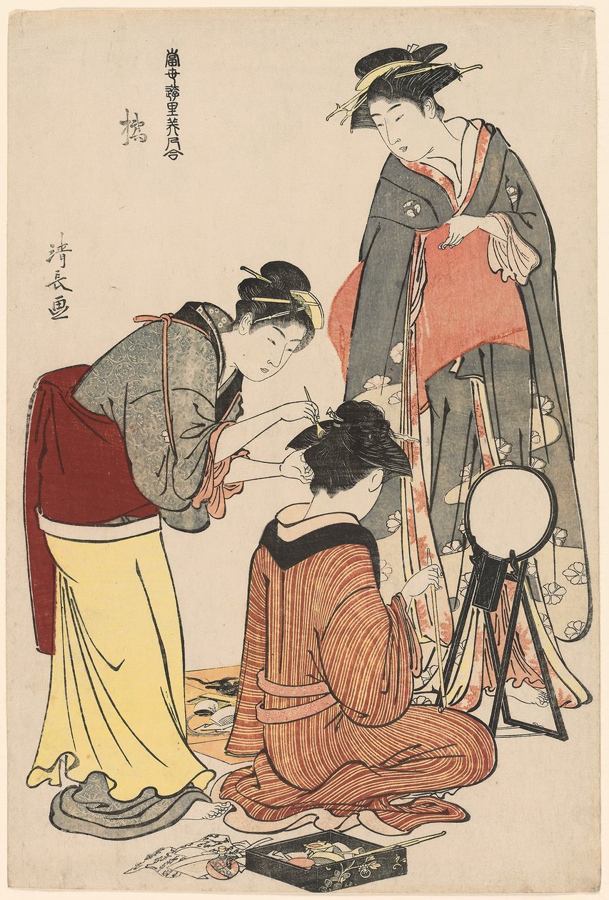 Baviči z Tachibany, ze série "Sbírka současných krás z požitkářských čtvrtí (Tosei yuri bijin awase)", kolem 1782 (barevný dřevotisk; oban) od Torii Kiyonaga