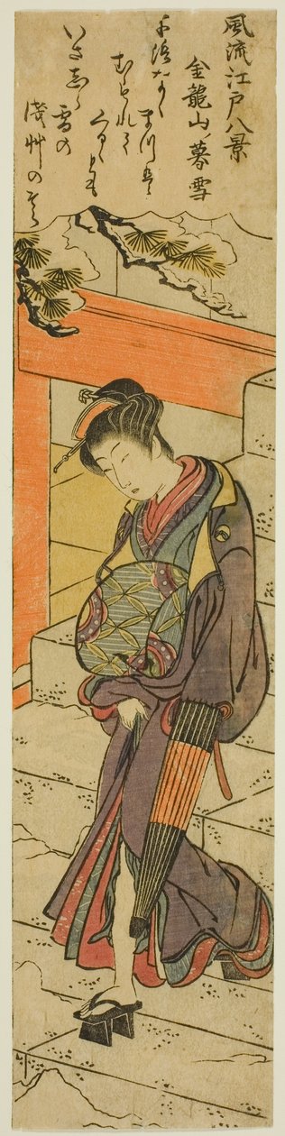 Večerní sníh v chrámu Kinryuzan (Kinryuzan no bosetsu), ze série „Osm módních pohledů na Edo (Furyu Edo hakkei)“ od Torii Kiyonaga