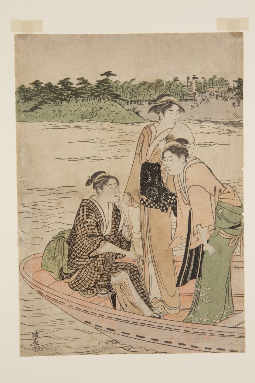 Trajekt na Rokugu? Řeka (barevný dřevotisk) od Torii Kiyonaga