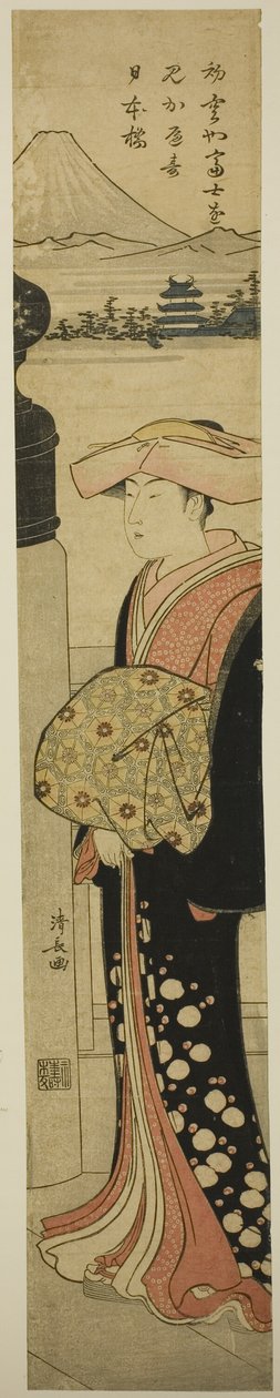 Jemně oblečená žena přes most Nihonbashi od Torii Kiyonaga