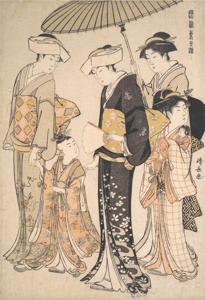 Vysoce postavená samurajská dívka se čtyřmi průvodci, ze série Brocade of Eastern M..., ca. 1784. od Torii Kiyonaga
