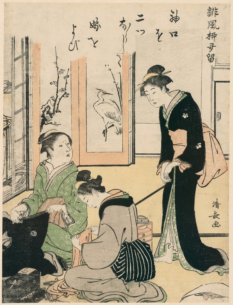 Tchýně škádlení nevěsty, ze série Sbírka humorných básní, kolem 1785 (barevný dřevotisk; chuban) od Torii Kiyonaga