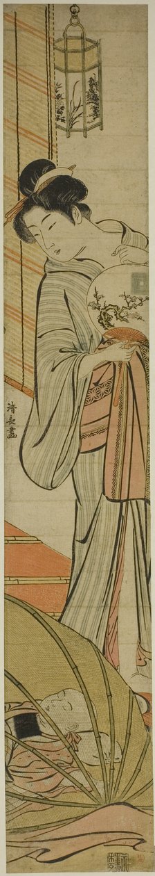 Matka sleduje svého syna spícího pod moskytiérou od Torii Kiyonaga