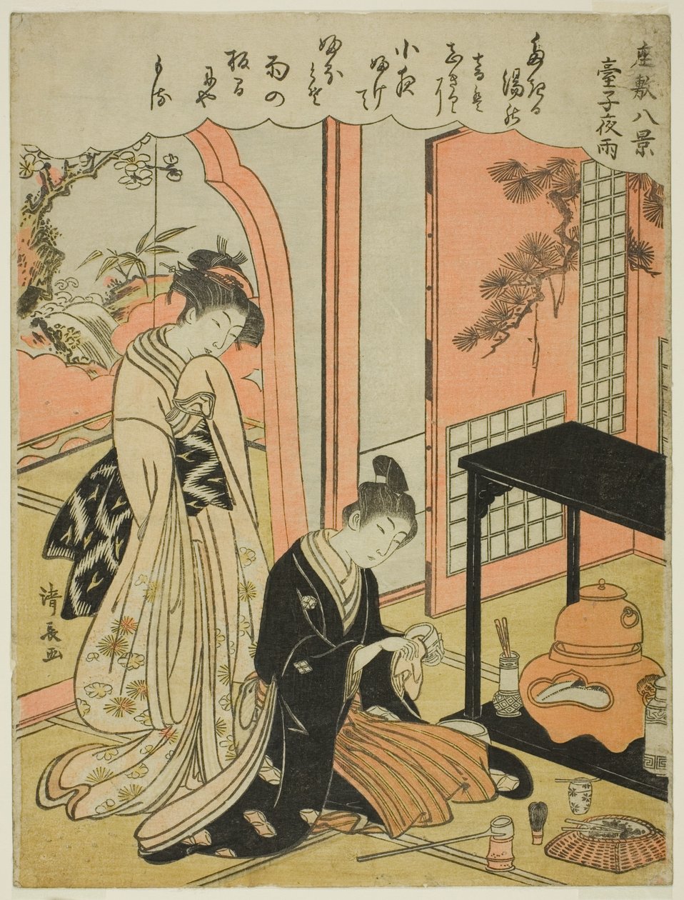 Noční déšť ze stánku s čajem, ze série "Osm scén salonu (Zashiki hakkei)" od Torii Kiyonaga