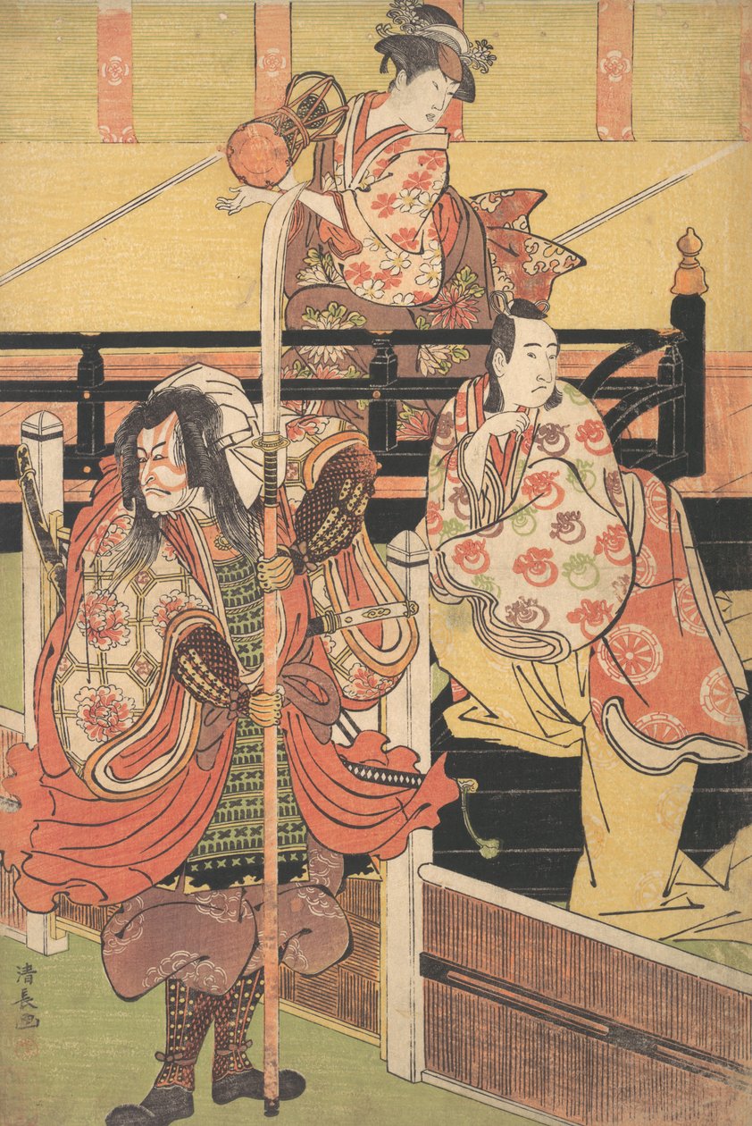 Na balkóně sedí žena a hraje na tsuzumi, pod mužem v kostýmu Daimyo je moře..., ca. 1790. od Torii Kiyonaga
