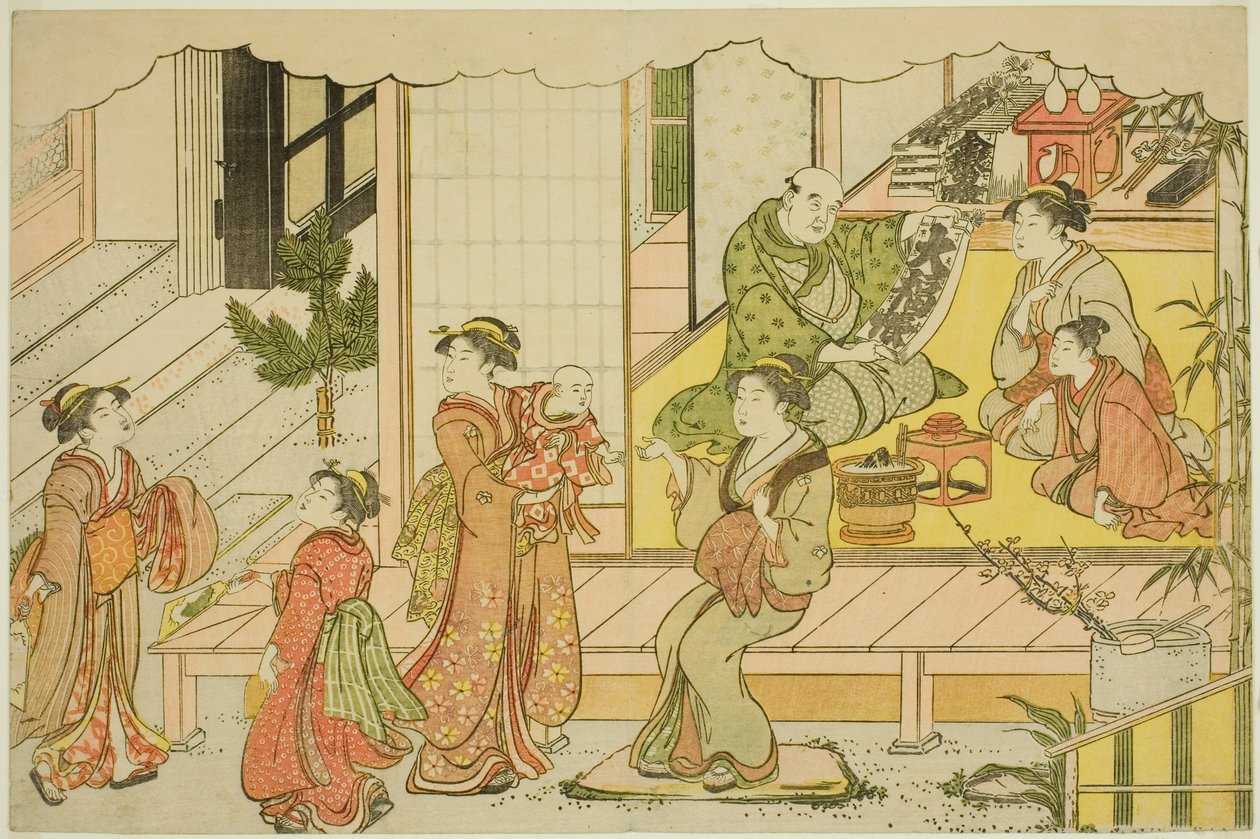 Otevření skladu (Kurabiraki), z ilustrované knihy "Barvy trojitého úsvitu (Saishiki mitsu no asa)" od Torii Kiyonaga