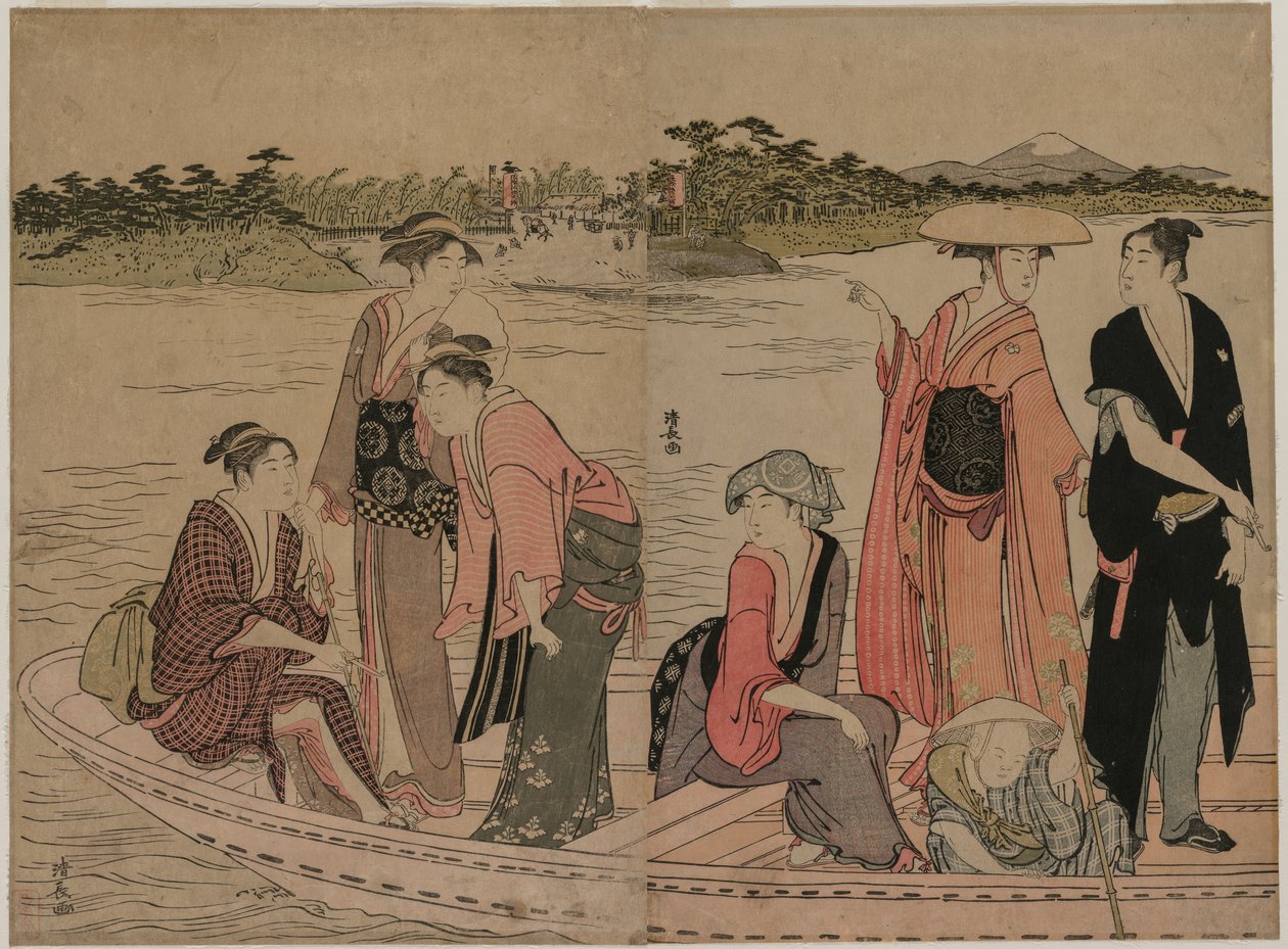 Cestující v trajektu na řece Sumida od Torii Kiyonaga