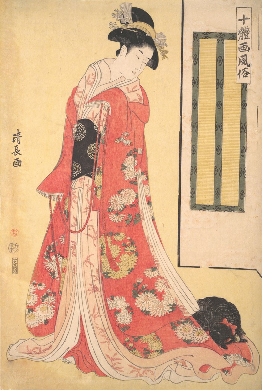 Obrázky Deset stylů Jittaiga Fuzoku: Mladá žena se psem, ca. 1790-91. od Torii Kiyonaga