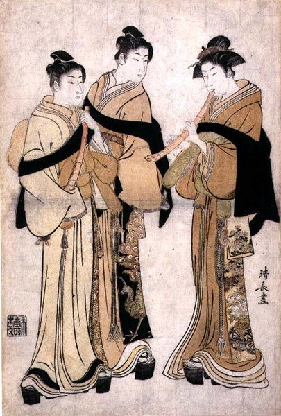 Playing the Shakuhachi, c.1782 (dřevořez se slepou ražbou) od Torii Kiyonaga