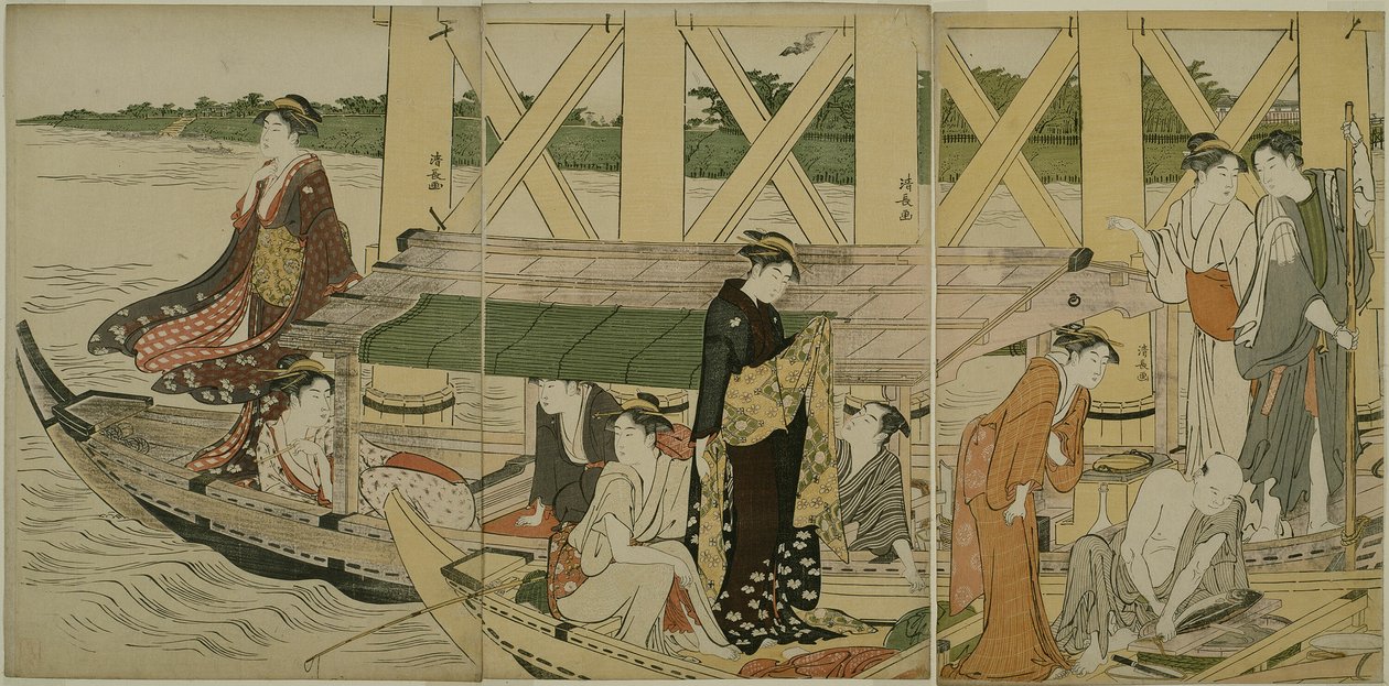 Výletní lodě pod mostem Azuma od Torii Kiyonaga