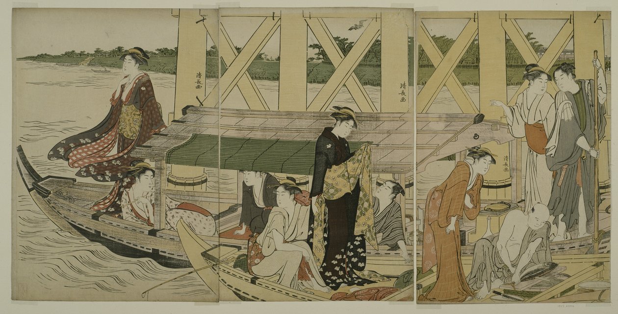 Výletní čluny pod mostem Azuma, kolem roku 1784 od Torii Kiyonaga