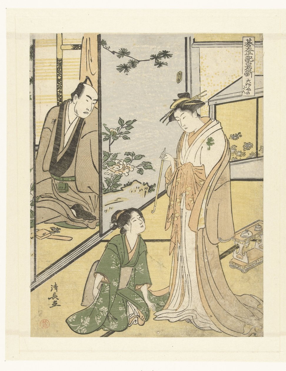 Scéna v domě Daifukuya Daifukuya no dan (název na objektu) Het toneelstuk Shiraishibanashi (název série) Gotaiheiki Shiraishibanashi (název série na objektu) od Torii Kiyonaga
