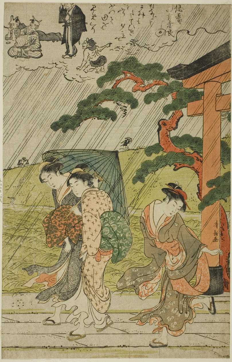 Náhlá sprcha ve svatyni Mimeguri od Torii Kiyonaga