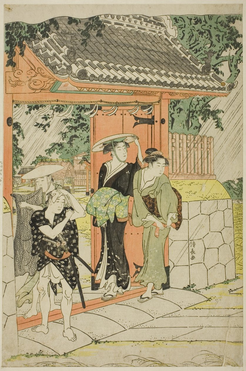 Náhlá sprcha ve svatyni Mimeguri od Torii Kiyonaga