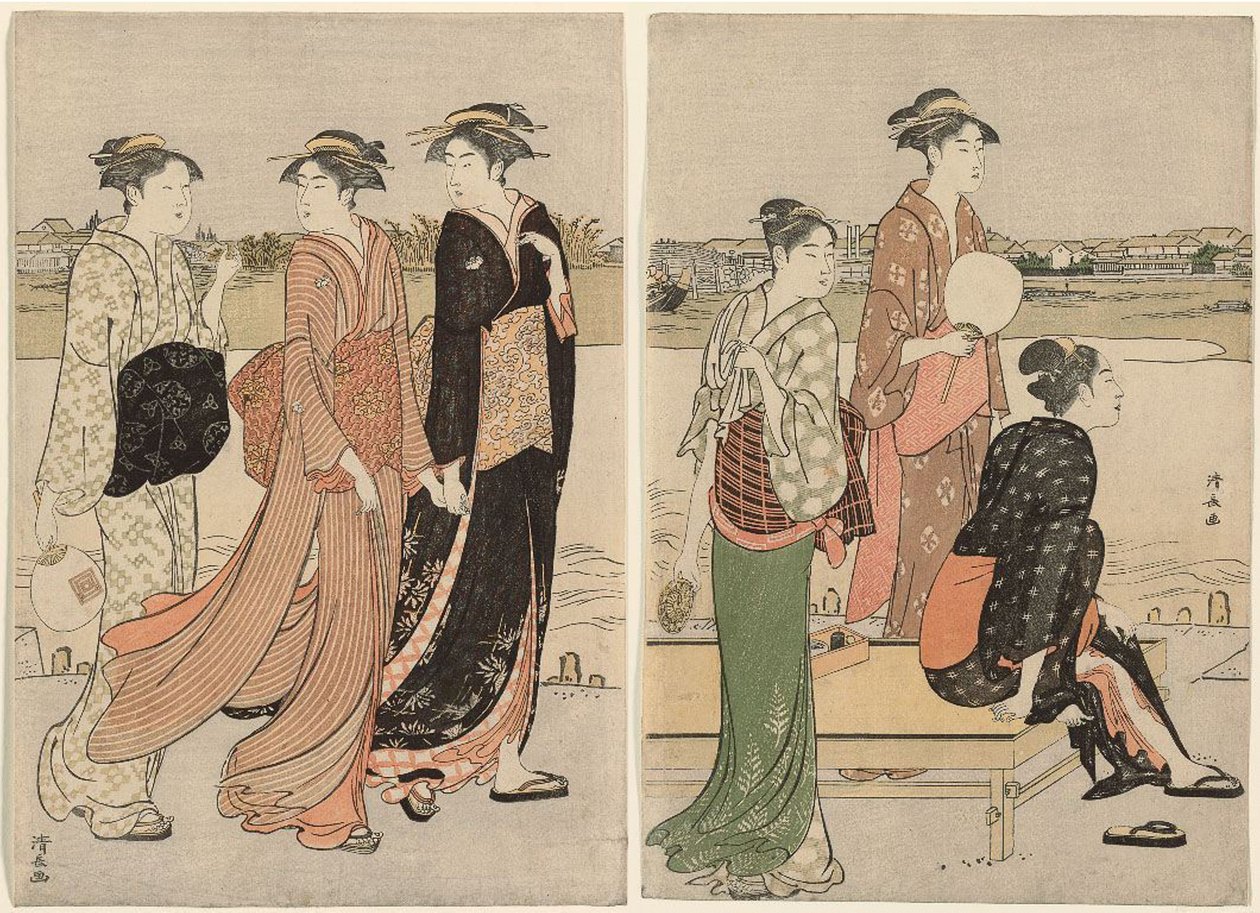 Letní soumrak na břehu řeky Sumida od Torii Kiyonaga
