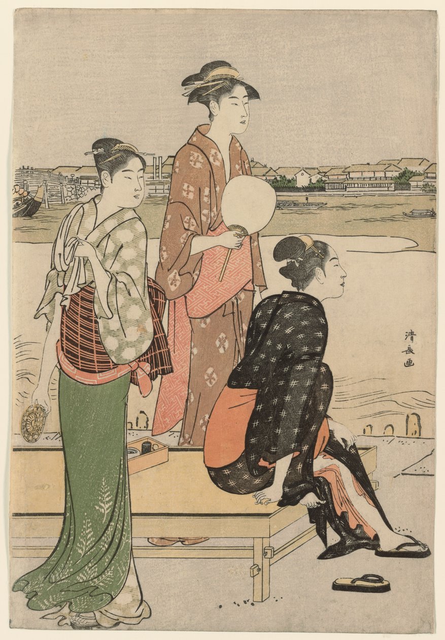 Letní soumrak na břehu řeky Sumida od Torii Kiyonaga