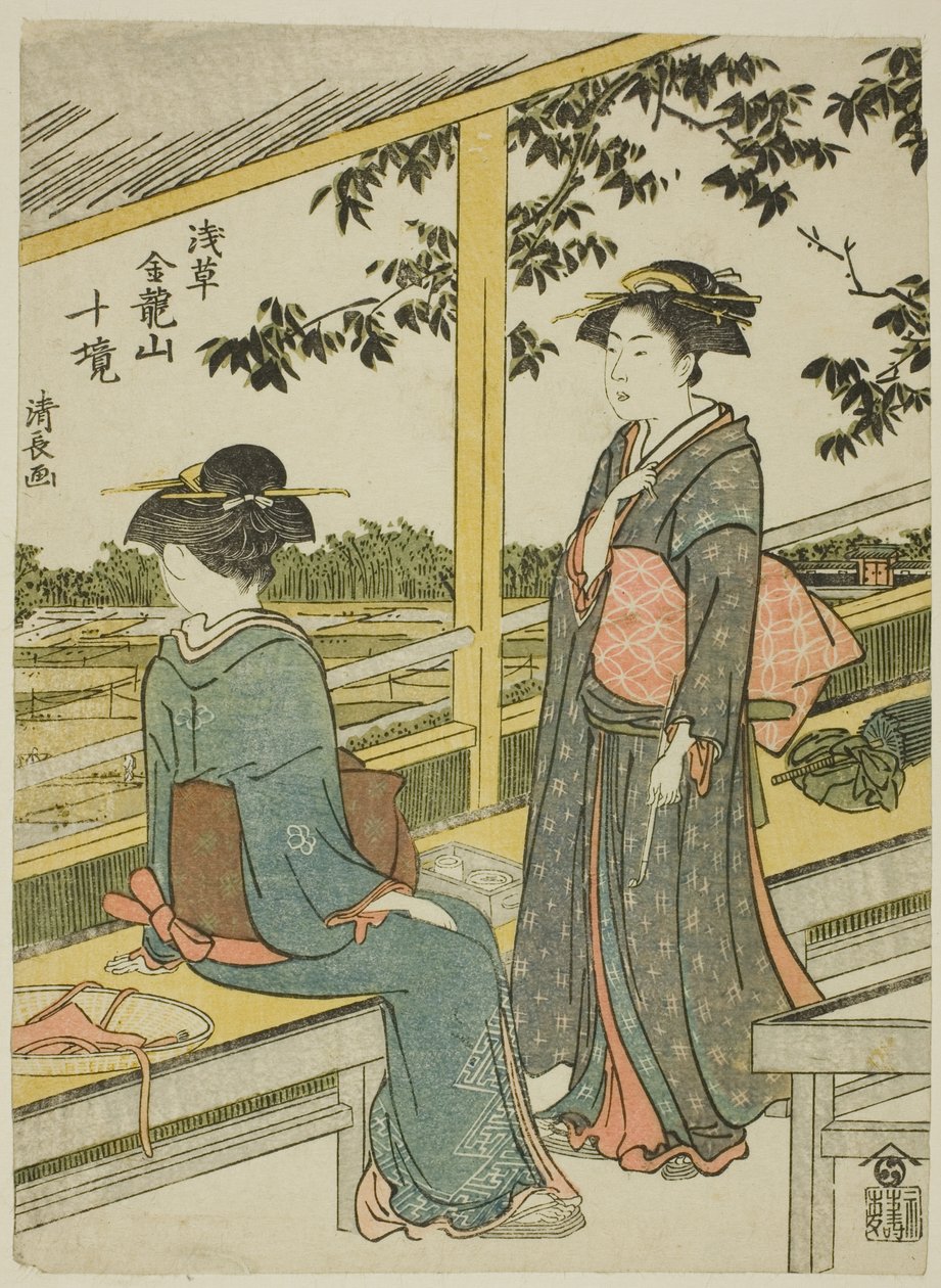 Čajovna s výhledem na rýžová pole, ze série "Deset okrsků chrámu Kinryuzan v Asakusa (Asakusa Kinruzan jikkei)" od Torii Kiyonaga