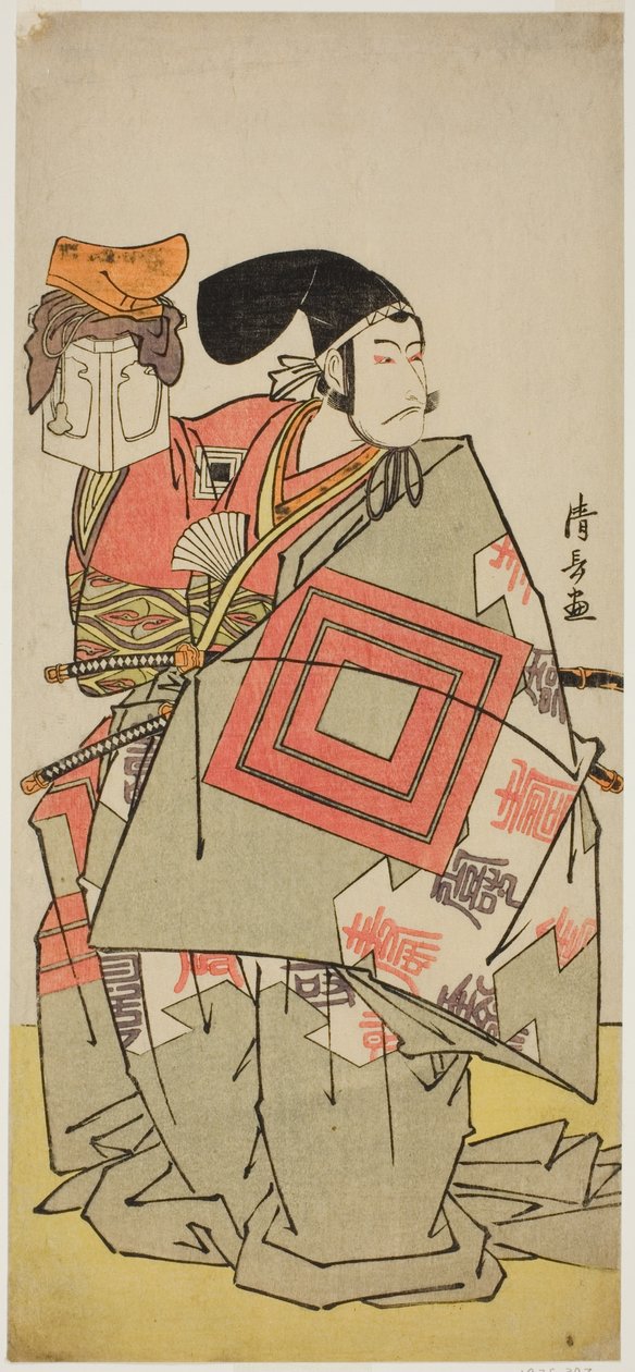 Herec Ichikawa Danjuro V jako Minamoto no Yoshiie ve hře „Date Nishiki Tsui no Yumitori“ hrál v divadle Morita v jedenáctém měsíci roku 1778 (?) od Torii Kiyonaga
