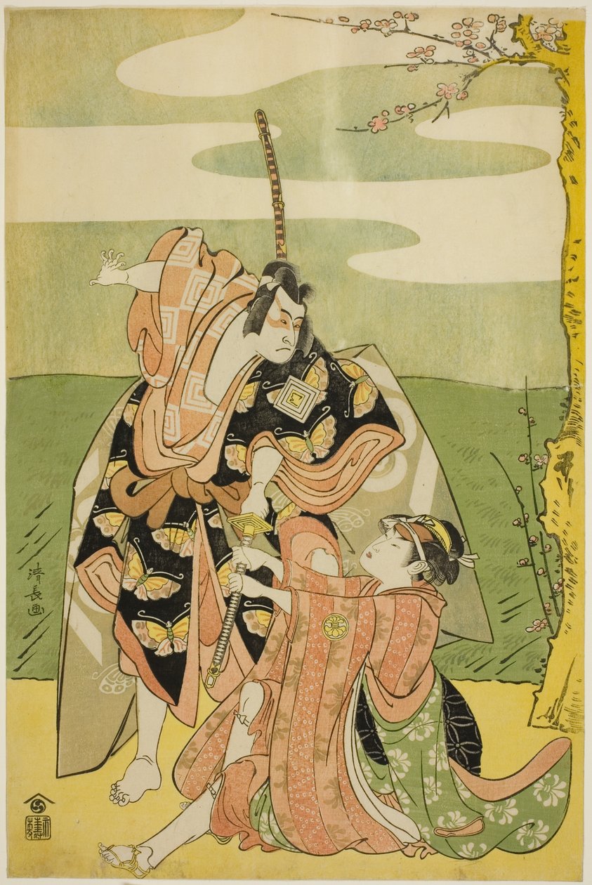 Herec Ichikawa Monnosuke II jako Soga no Goro a Segawa Kikunojo III jako Tsukisayo ve hře „Nanakusa Yosooi Soga“ hrál v divadle Nakamura v prvním měsíci roku 1782 od Torii Kiyonaga