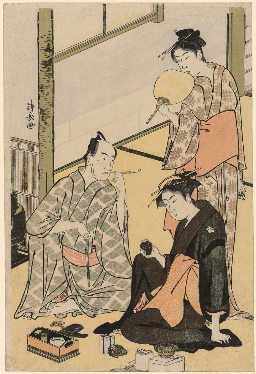 Herec Matsumoto Koshiro IV se svou rodinou z nepojmenované série čtyř grafik zobrazujících herce v soukromém životě od Torii Kiyonaga