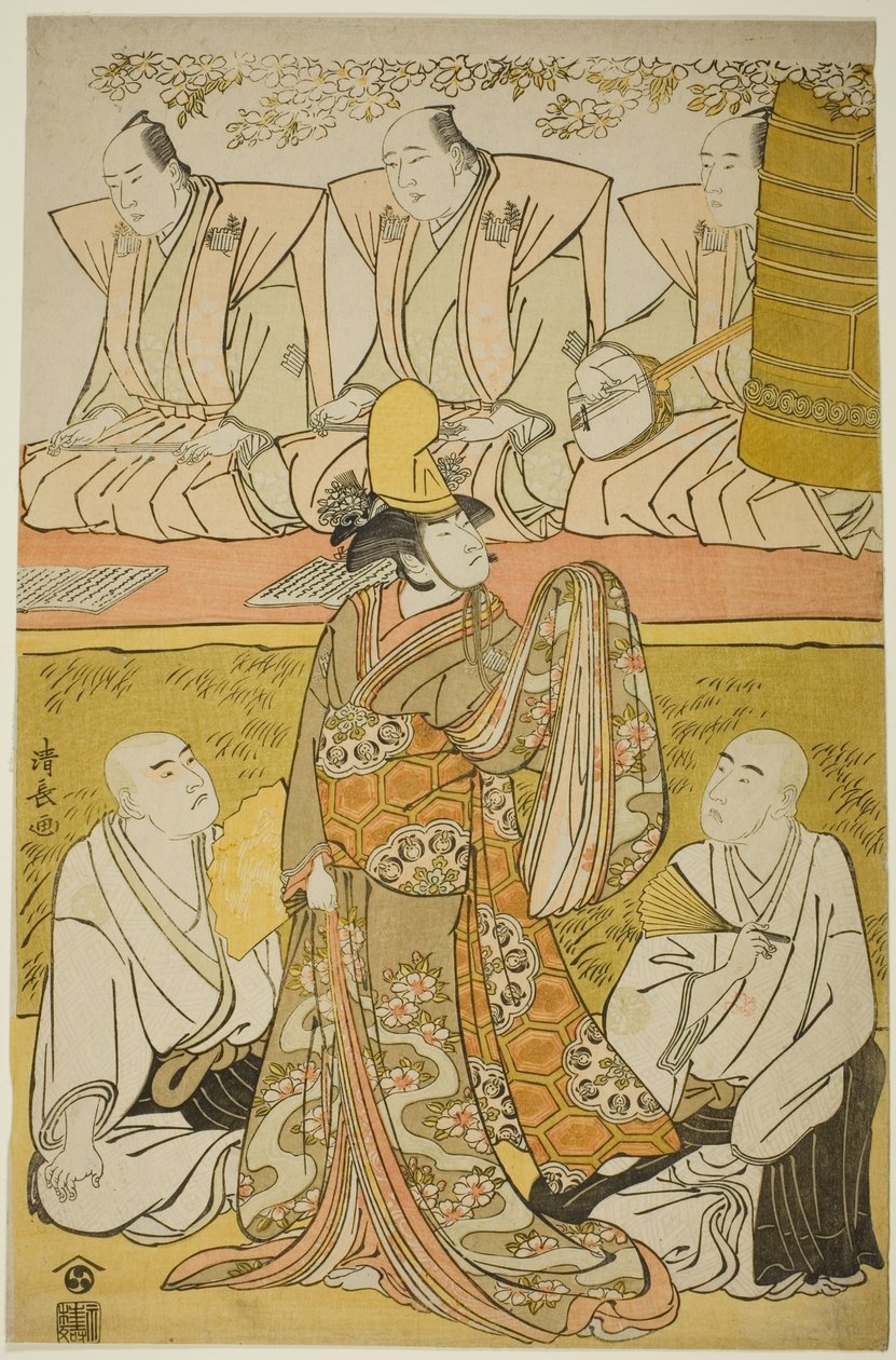 Herec Nakamura Nakazo I jako Shirabyoshi Katsuragi, Matsumoto Koshiro IV jako mnich Meigetsubo a Otani Hiroji III jako mnich Izayoibo ve hře „Edoganoko Musume Dojoji“, kterou uvedli v divadle Ichimura v osmém měsíci, 1783 od Torii Kiyonaga