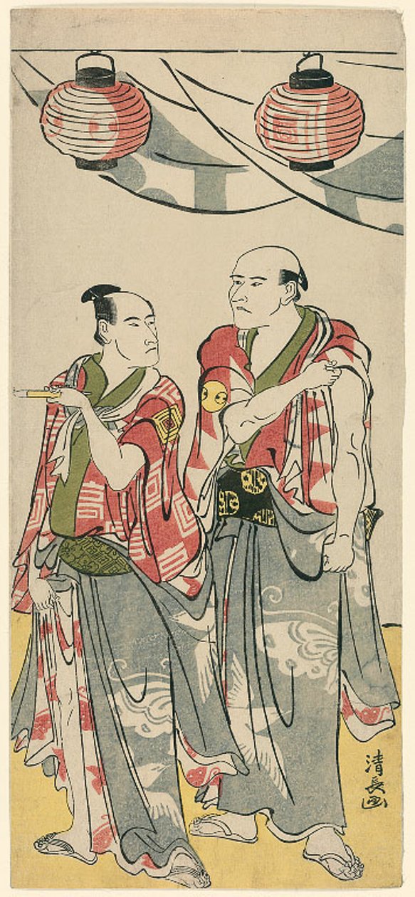 Herci Arashi Ryuzo II a Ichikawa Komazo III, z pentaptychu jedenácti herců oslavujících festival svatyně bratří Soga od Torii Kiyonaga