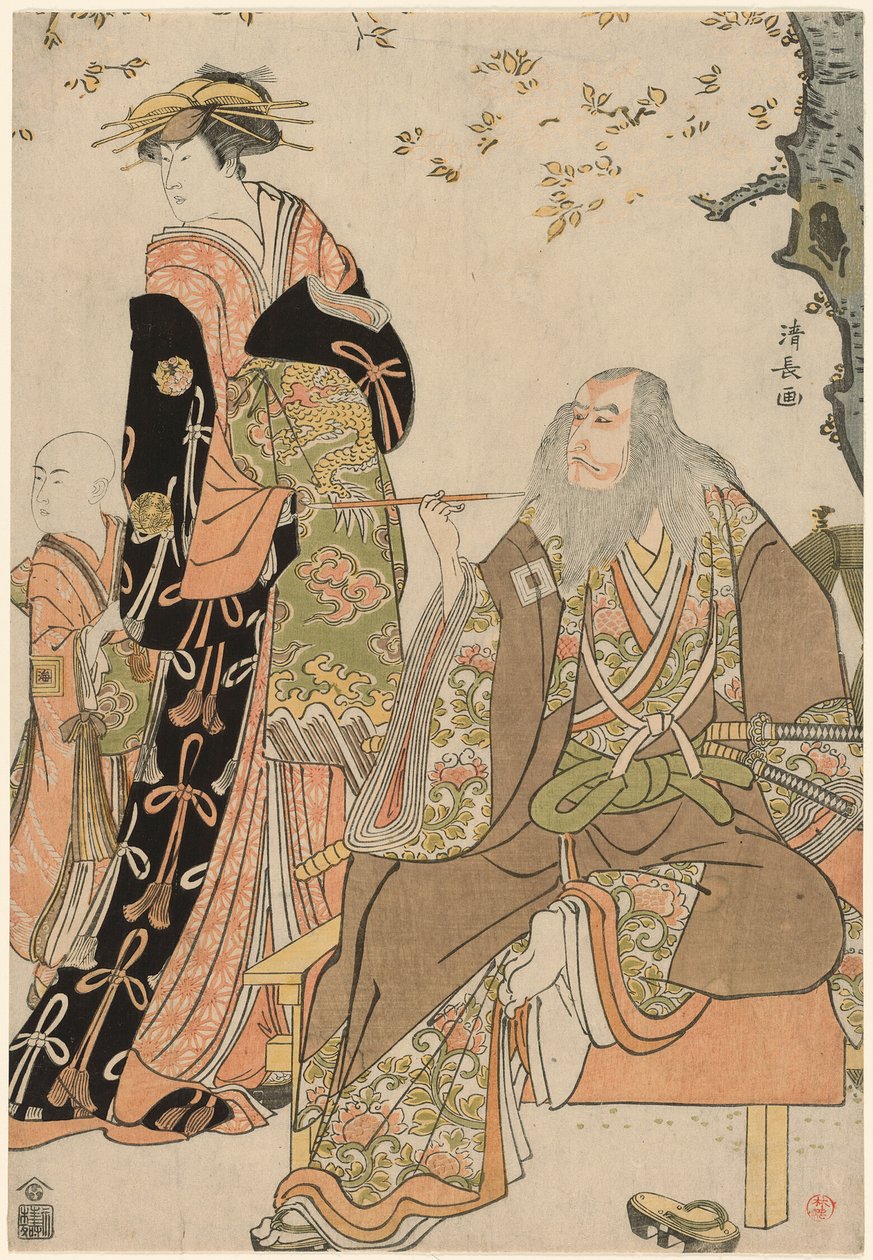 Herci Ichikawa Danjuro V jako Hige no Ikyu, Nakamura Riko jako Agemaki a Ichikawa Ebizo jako Agemakiho ošetřovatel ve hře "Sukeroku Yukari no Edozakura" v divadle Nakamura ve třetím měsíci roku 1784. od Torii Kiyonaga