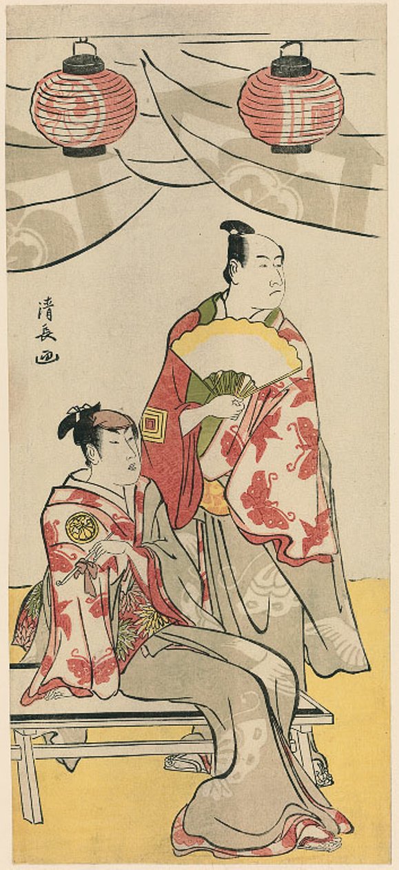 Herci Ichikawa Monnosuke II a Segawa Kikunojo III, z pentaptychu jedenácti herců oslavujících festival svatyně bratří Soga od Torii Kiyonaga
