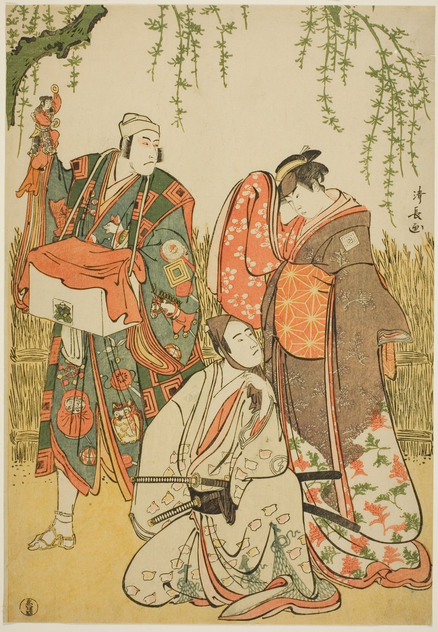 Herci Ichikawa Yaozo III jako Shiragiku, Ichikawa Danjuro V jako loutkář Dekurokubei a Sawamura Sojuro III jako Soga no Juro v joruri „Shinobukoi Yanagi no Katsura Otoko“ vystoupili v divadle Nakamura v prvním měsíci, 1785 od Torii Kiyonaga