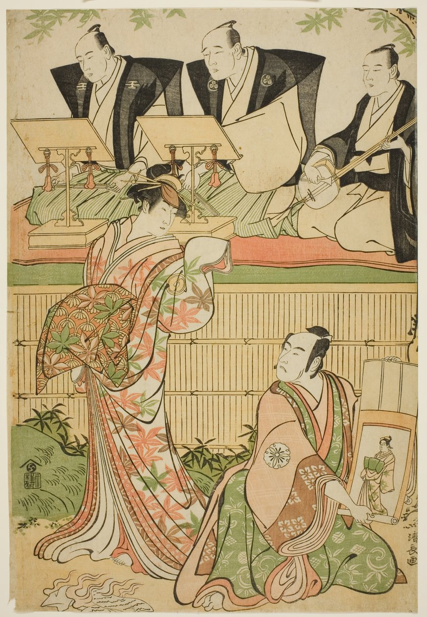 Herci Matsumoto Koshiro IV jako Ukita Sakingo a Sawamura Sojuro III jako duch kurtizány Takao ve hře „Ominaeshi Sugata no Hatsuaki“, uvedené v divadle Nakamura, 1788 od Torii Kiyonaga