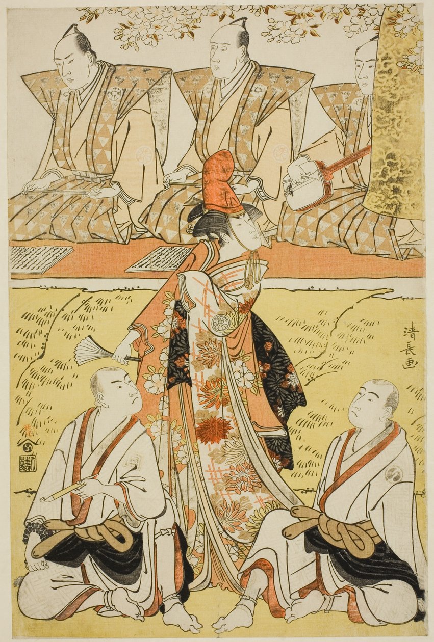 Herci Segawa Kikunojo III jako Koito, Sawamura Sojuro III jako mnich Sainenbo a Ichikawa Monnosuke II jako mnich Renseibo v šóse „Mata Saku Hana Museume Dojoji“, vystoupili v Nakamurově divadle ve čtvrtém měsíci, 1783. od Torii Kiyonaga