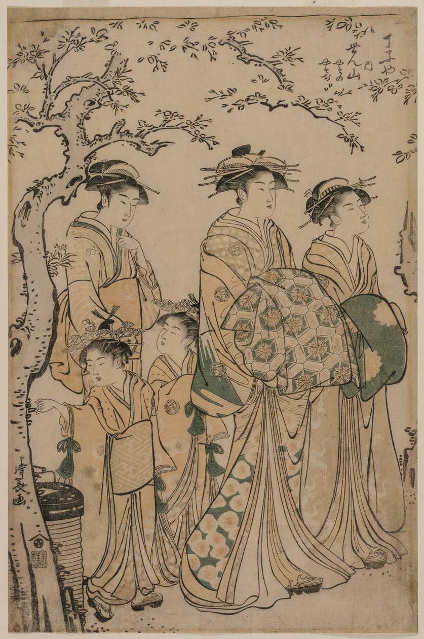 Kurtizána Senzan z Chojiya Strolling se svým Kamuro Yasono a Yasoji a Two Shinzo, 1786. od Torii Kiyonaga